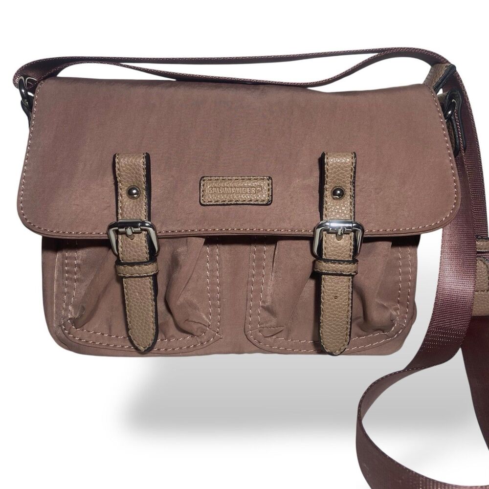 Salamander Nylon Leather Crossbody Shoulder Bag Mauve Adjustable Strap Pockets